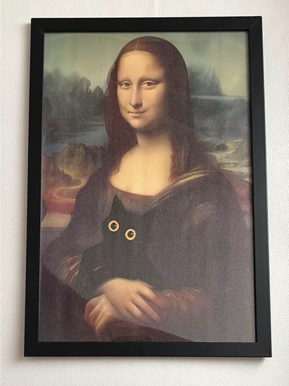 Black Framed 8x10  Mona Lisa with Playful Black Cat Art Print